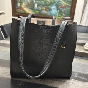 Black Pebbled Leather Tote with Gold Accent